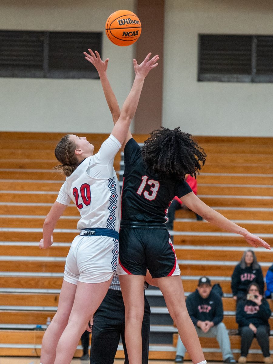 Bear Cubs forward Sydney Martin faces off against Rams guard Alessandra Nelson for tipoff at home against City College of San Francisco on Sunday, Nov. 17, 2024.