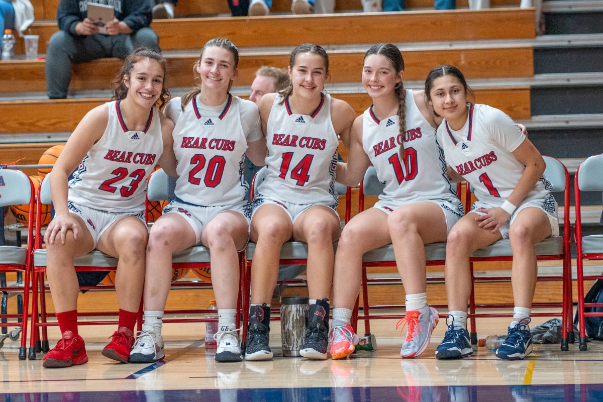 The Bear Cubs' starting five poses for a photo before announcer, Trey Dunia calls out their names for the match against Modesto at Haehl Pavilion on Friday, Jan. 17th, 2025. 