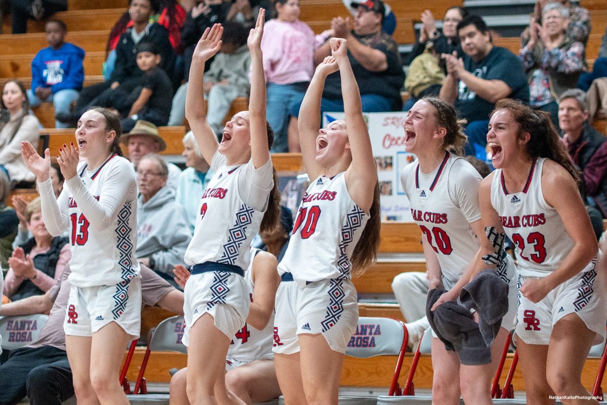 The Bear Cubs' bench celebrates widly as forward, Cece Solano gets on the scoreboard with a lay-up against American River at Haehl Pavilion on Friday, Feb. 21, 2025.