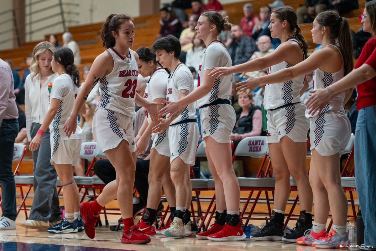 Bear Cubs' guard Ivy Gonzalez returns to the bench following a high-scoring, dominant showing against American River at Haehl Pavilion on Friday, Feb. 21, 2025.