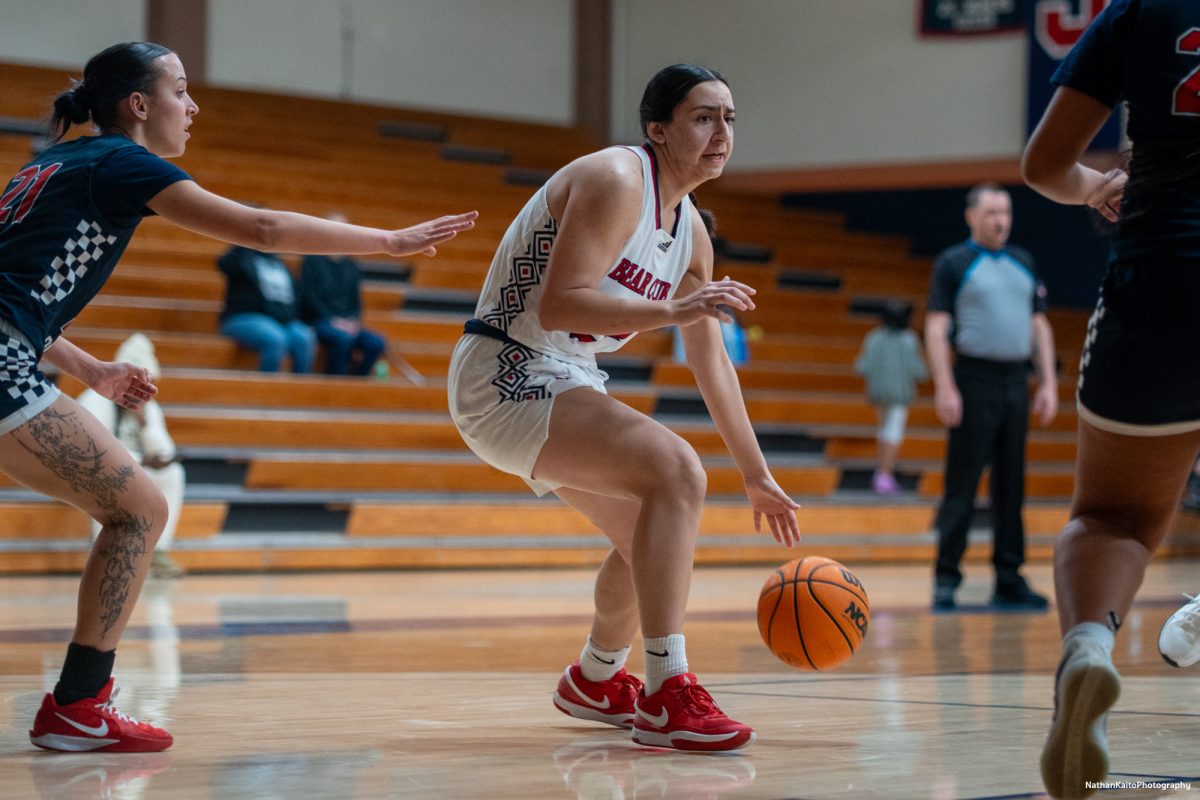 Bear Cubs' forward Cece Solano leaves American River's Shylaya Banks behind as she creates space for herself against American River at Haehl Pavilion on Friday, Feb. 21, 2025.