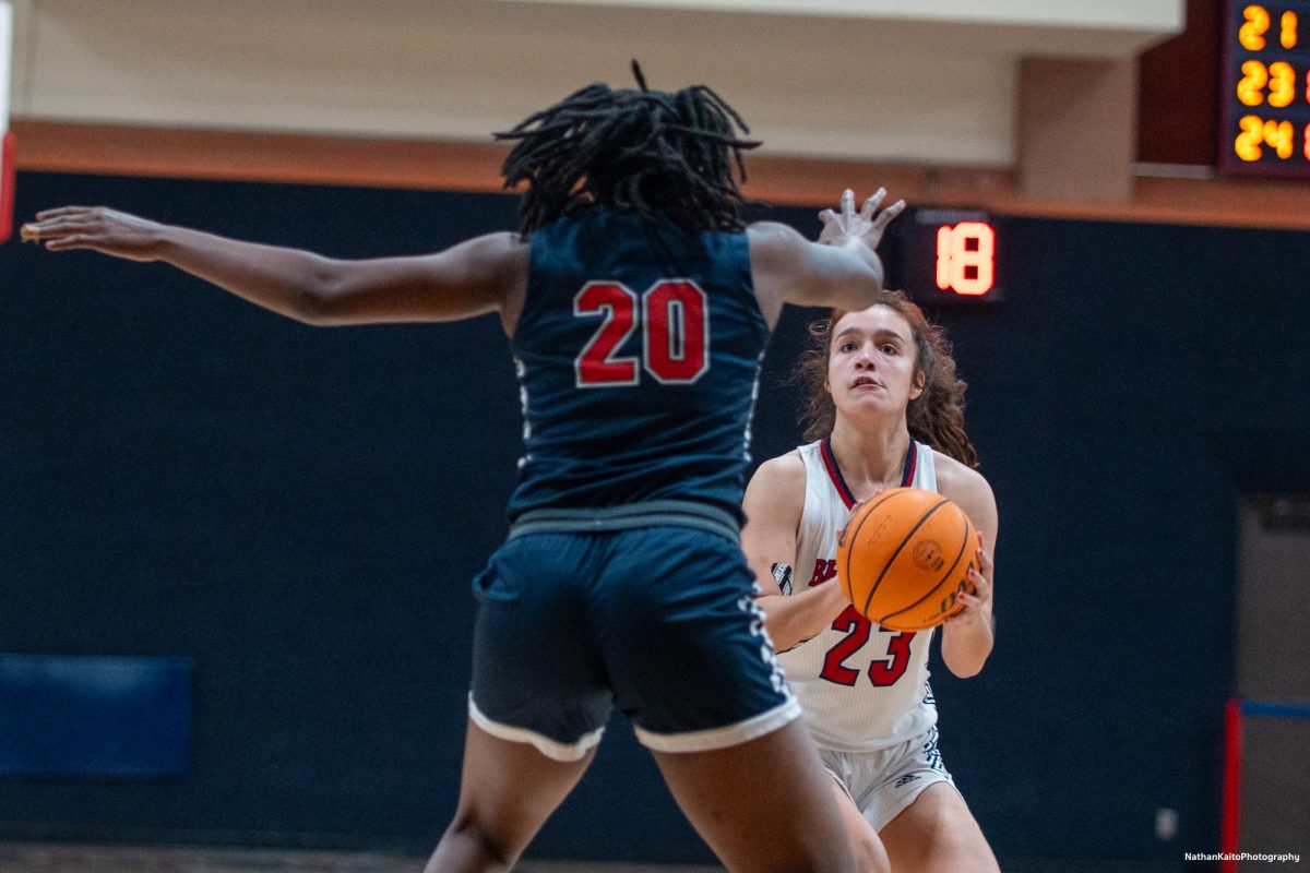 Bear Cubs' guard Ivy Gonzalez looks to create seperation from American River's Detrice Adams at Haehl Pavilion on Friday, Feb. 21, 2025.