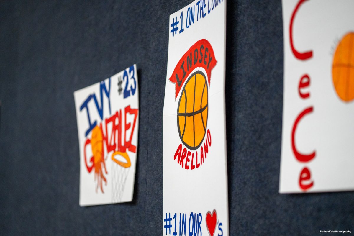 Handmade signs representing the sophomores on the team sits under the hoop at Haehl Pavilion during the game against American River on Friday, Feb. 21, 2025. 