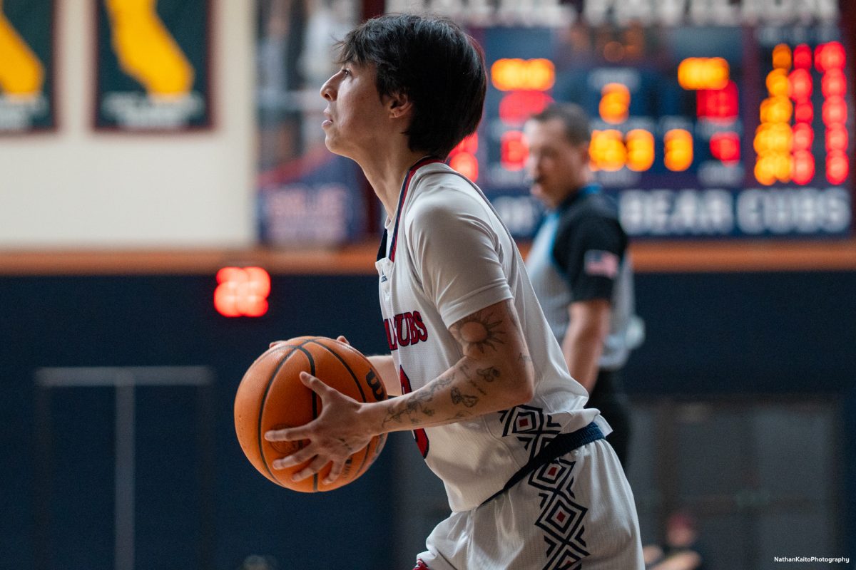 SRJC's guard Cele Urzua prepares to shoot from the corner as the Bear Cubs look to build on a positive start against American River at Haehl Pavilion on Friday, Feb. 21, 2025.