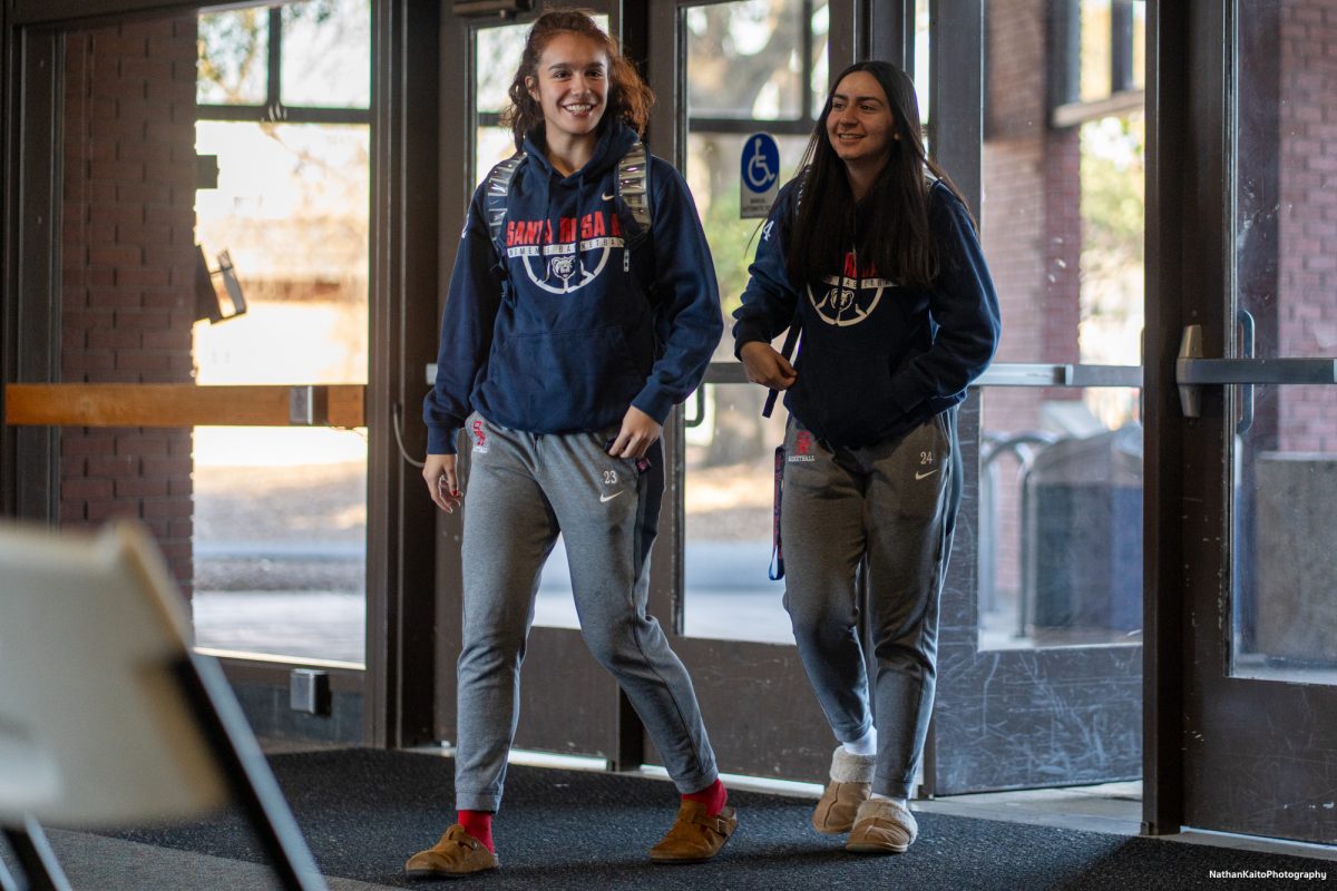 Bear Cubs' sophomores Ivy Gonzalez and Cece Solano arrive at Haehl Pavilion prior to the game against American River on Friday, Feb. 21, 2025.