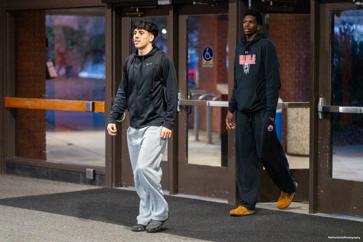 Bear Cubs' guard Andrew Pengel and forward Dave Baraka arrive at Haehl Pavilion ahead of their game against American River on Friday, Feb. 21, 2025.