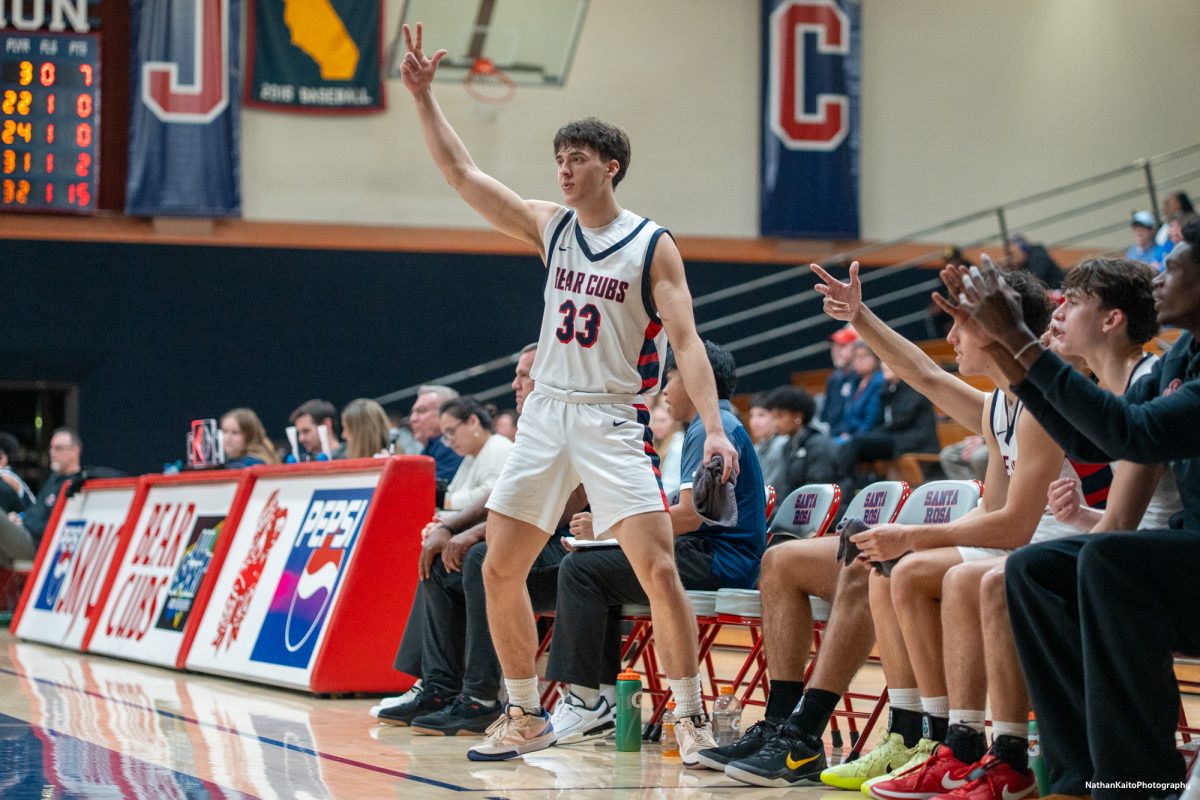 Bear Cubs' forward Audon Forgus points up three fingers to celebrate Tayden Collins' three pointer against American River at Haehl Pavilion on Friday, Feb. 21, 2025.