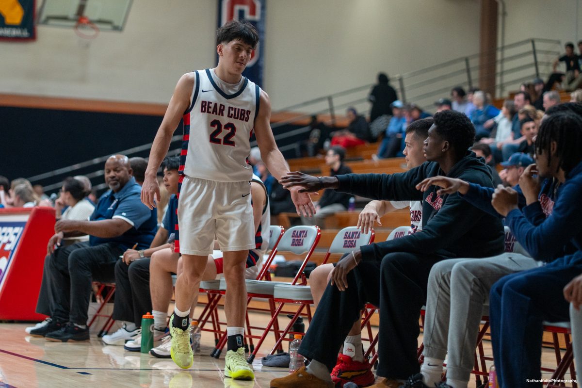 SRJC's Andrew Pengel returns to the bench following a dazzling performance against American River at Haehl Pavilion on Friday, Feb. 21, 2025.