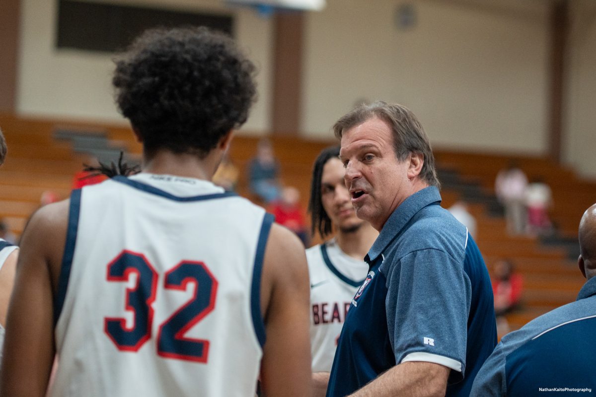Bear Cubs' head coach Craig McMillian adresses the team during halftime against American River at Haehl Pavillion on Friday, Feb. 21, 2025.