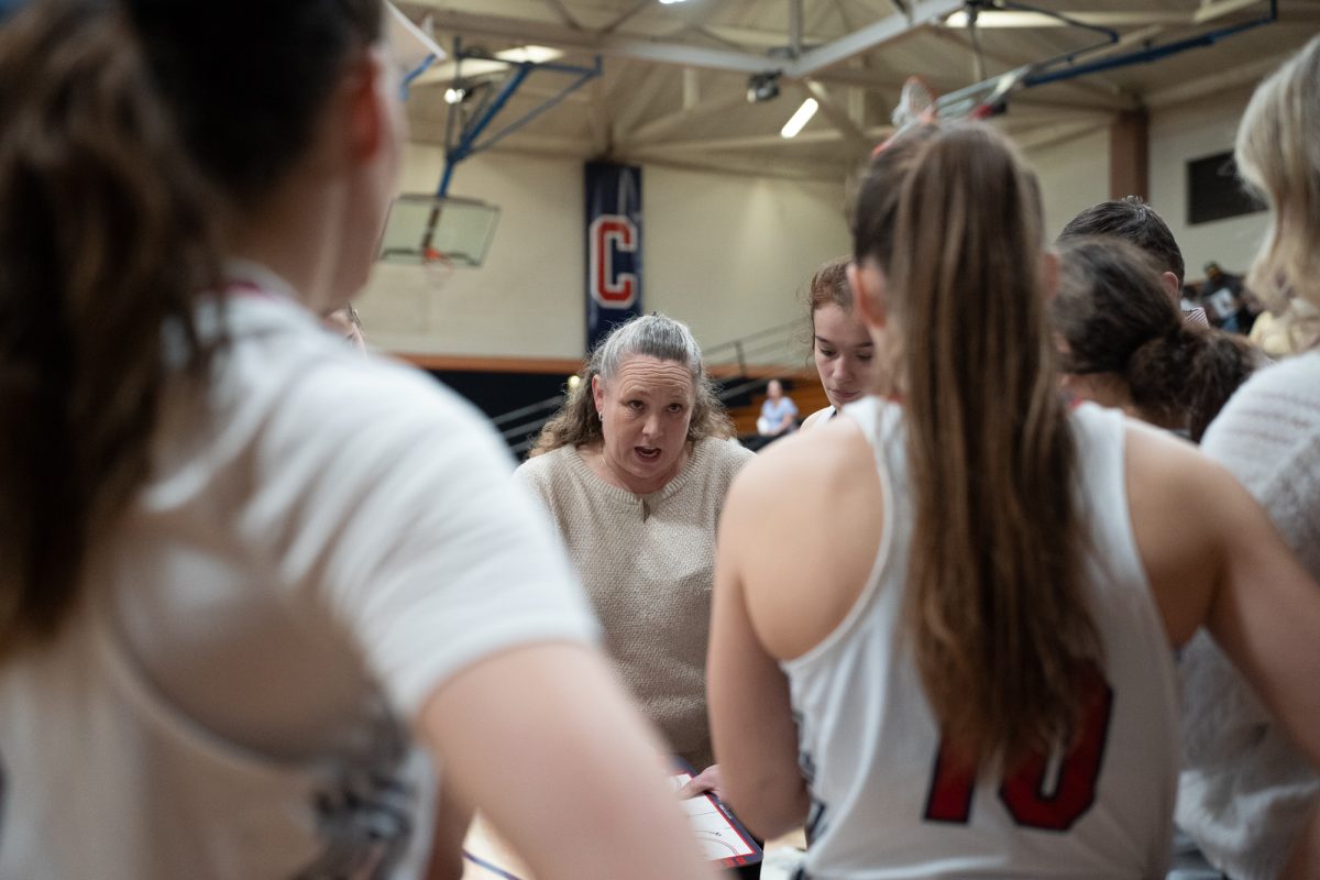 Bear Cubs head coach Lacey Campbell briefs her team during a timeout against American River College at Haehl Pavilion on Friday, Feb. 21. 2025.
