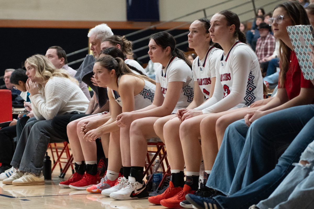 The Bear Cubs bench watch the players on the floor play against American River College on Friday, Feb. 21, 2025.