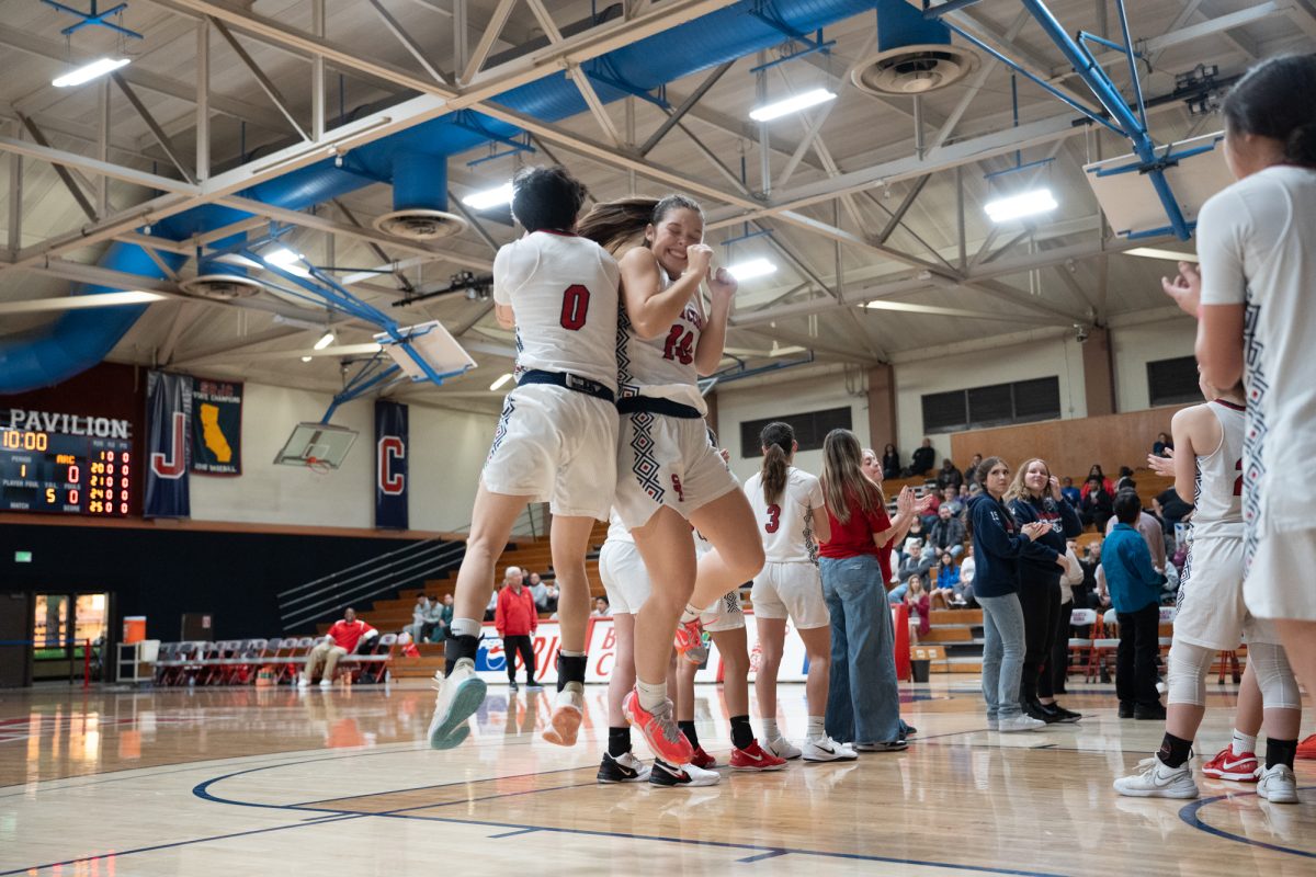 Bear Cubs guards Cele Urzua, left, and Shasta Vlasak, right, shoulder bump each other before their match against American River College at Haehl Pavilion on Friday, Feb. 21, 2025.