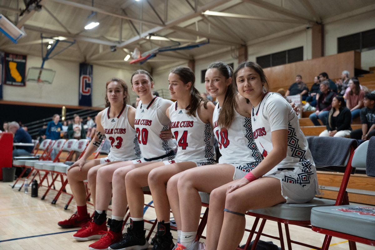 The Bear Cubs starting five wait for their names to be called before their match against American River College at Haehl Pavilion on Friday, Feb. 21, 2025.