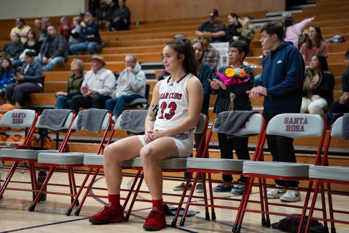 Bear Cubs guard Ivy Gonzalez awaits for her name to be called before her match against American River College at Haehl Pavilion on Friday, Feb. 21, 2025.