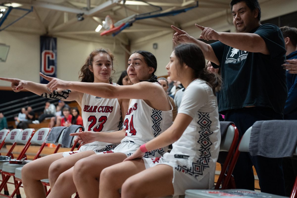 The Bear Cubs sophmores point to Cele Urzua before their match against American River College at Haehl Pavilion on Friday, Feb. 21, 2025.