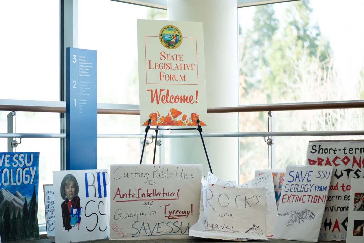 Pickets sit outside of the state legistlative forum  at Sonoma State University on Friday, Feb. 21, 2025.