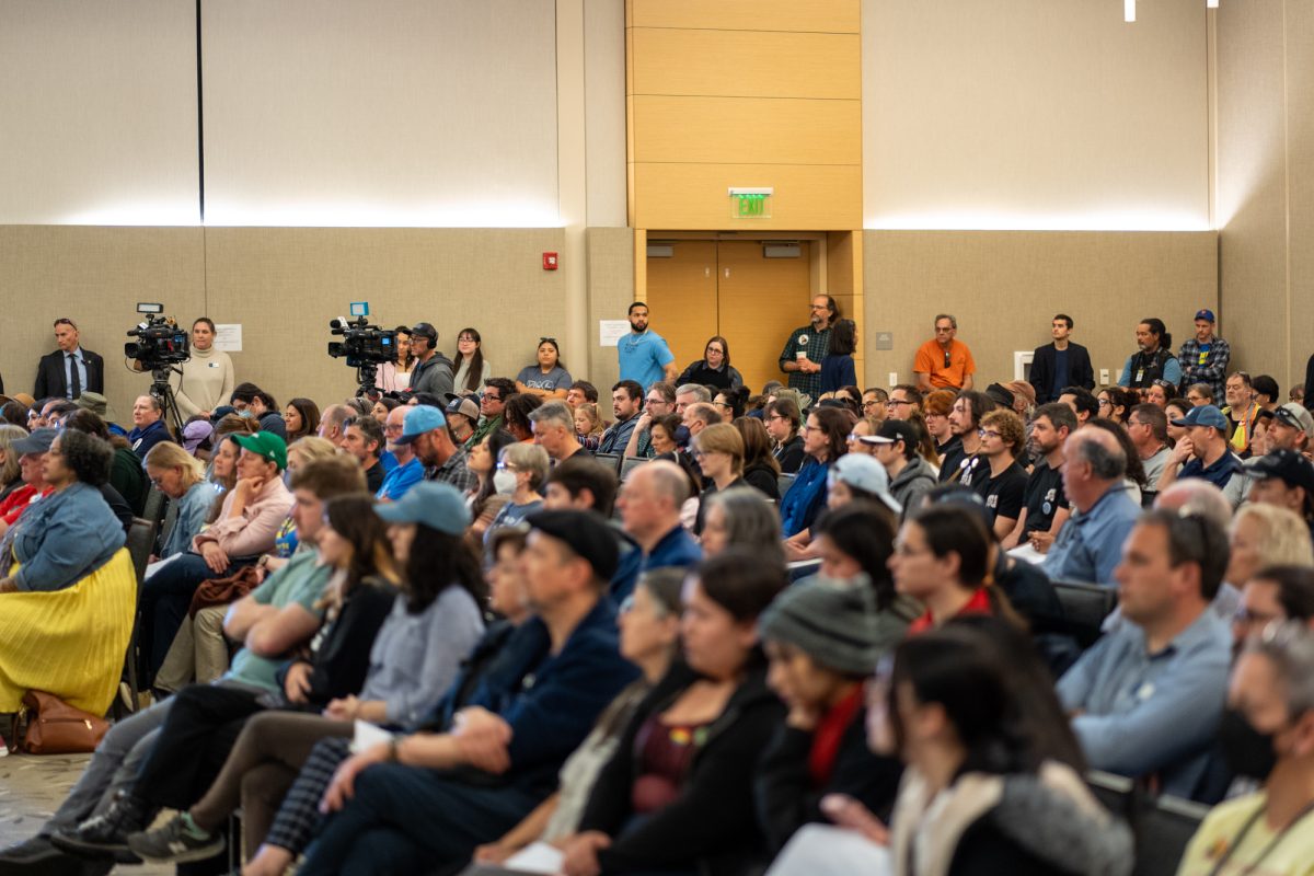 A large crowd forms in anticiaption of the state legislative forum at Sonoma State University on Friday, Feb. 21, 2025.