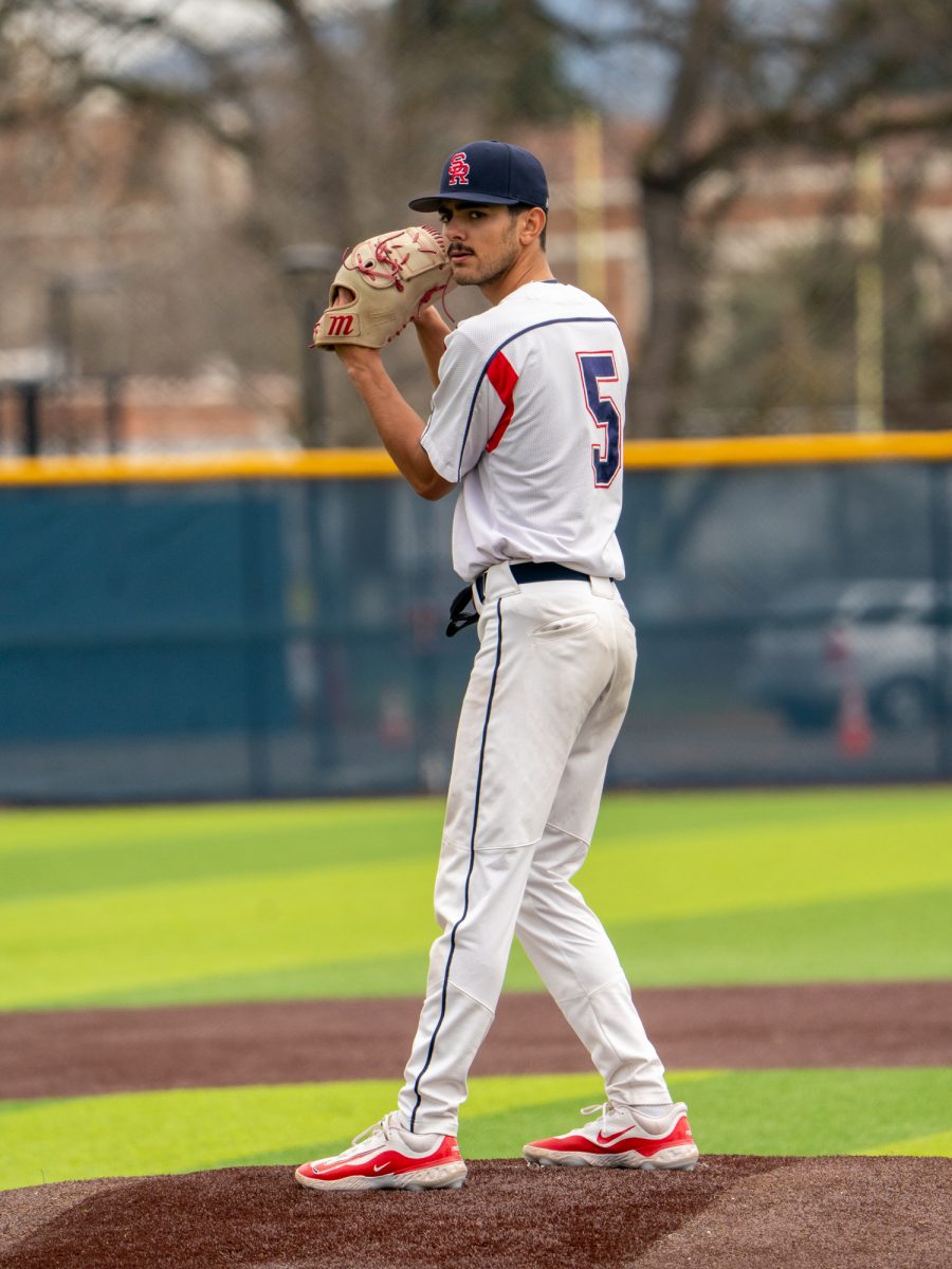 Freshman pitcher Evan Sandoval starts for the Bear Cubs and pitches a total of two innings with three strikeout in the game against Lassen College at home, Sunday, Feb. 16, 2025.