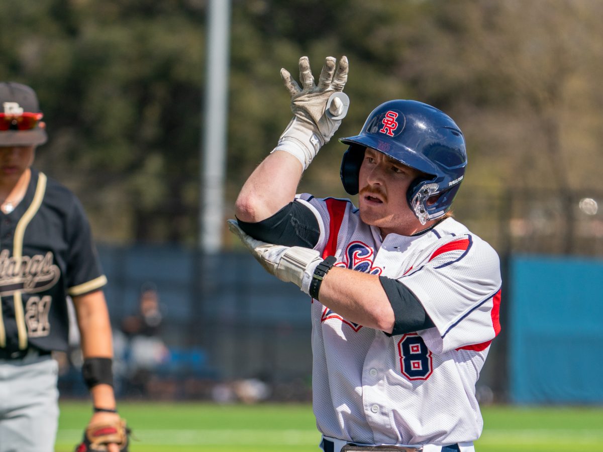 Sophomore second baseman Joe Brown hits a celebration pose after hitting a single in the bottom of the third for an RBI in the game against San Joaquin Delta on Tuesday, March 11, 2025 in Santa Rosa.