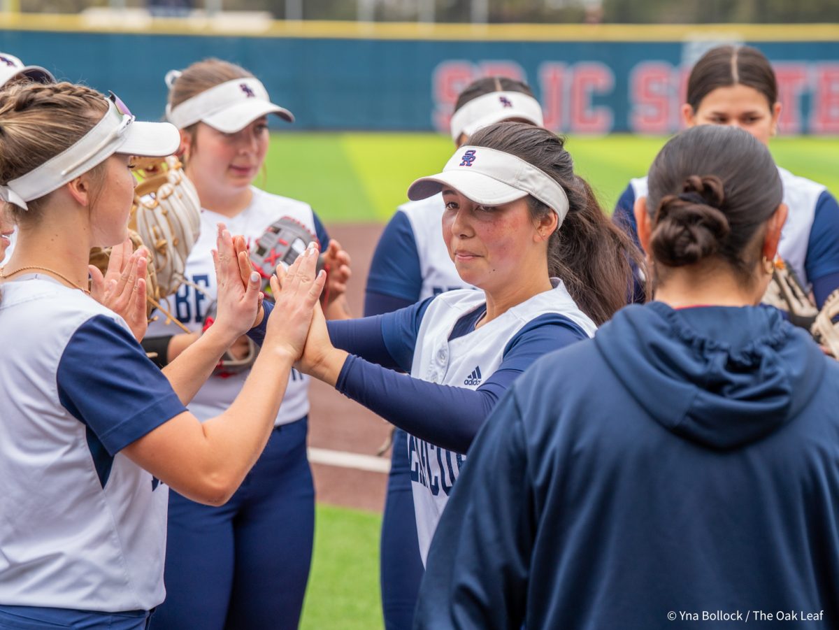 Pinch runner Kayla Ling steadies herself right before she is announce during lineup ahead of the game against Modesto on Saturday, March 15, 2025 in Santa Rosa.