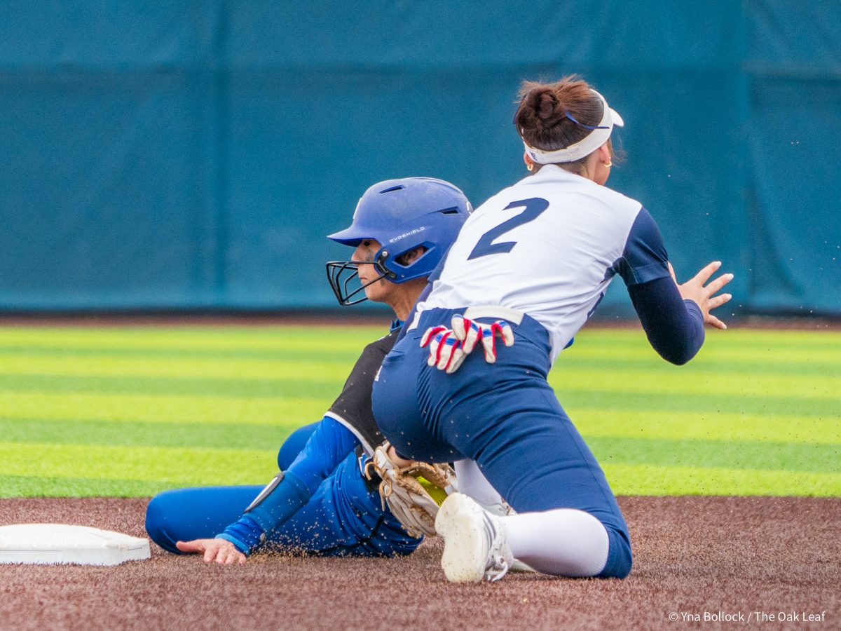 Freshman shortstop Kaylee Bauman tags Modesto center fielder Kayleen Zayehmoureh out before she reaches second to steal at top of the third against Modesto on Saturday, March 15, 2025 in Santa Rosa.