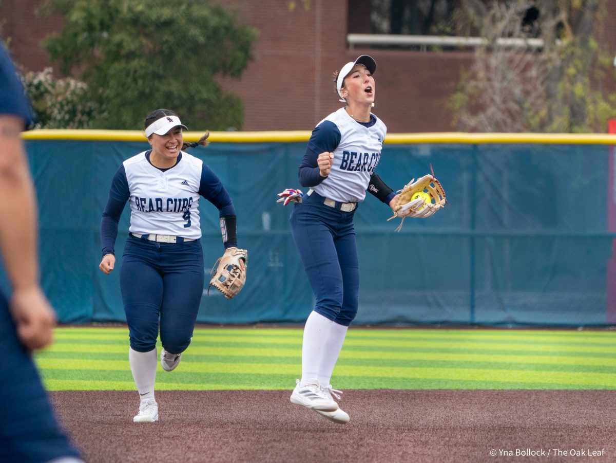 Freshman shortstop Kylee Bauman celebrates after tagging out Modesto's centerfielder on an attempted steal at the top of the third against Modesto on Saturday, March 15, 2025 in Santa Rosa.