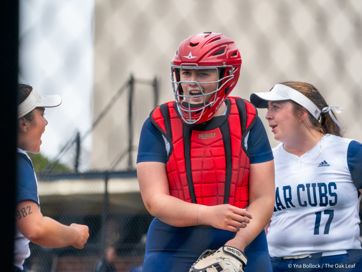 Freshman catcher Alexis Hoke celebrates near the dugout after the Bear Cubs throw Modesto center fielder Kayleen Zayehmoureh out at second at the top the third against Modesto on Saturday, March 15, 2025 in Santa Rosa.