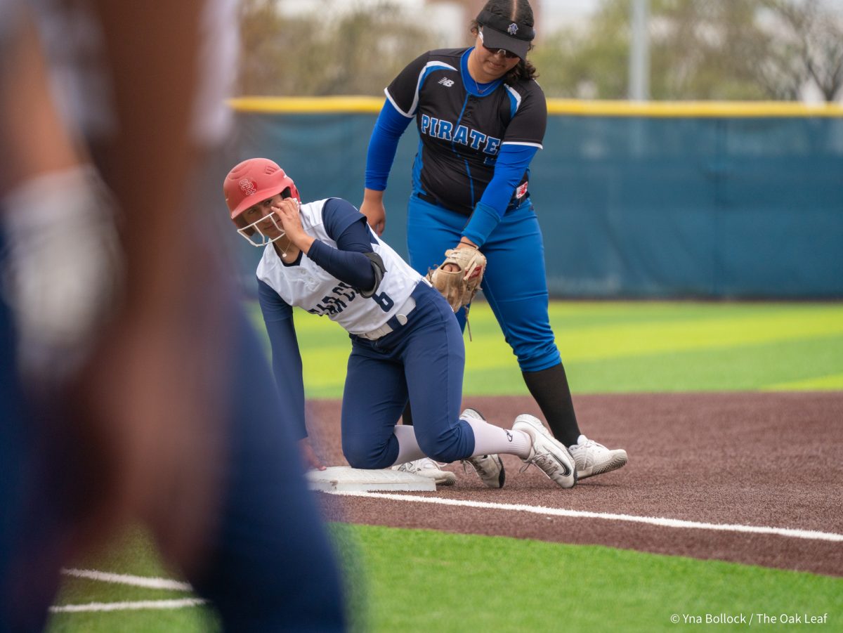Freshman center fielder Mira Olvera is safe at third for another triple in game two against Modesto on Saturday, March 15, 2025 in Santa Rosa.