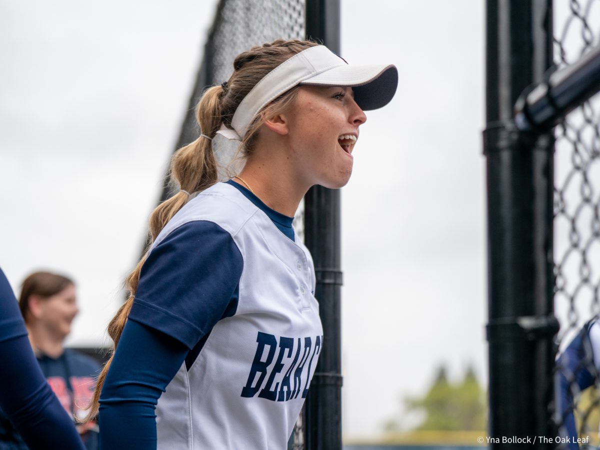 Freshman Brook Myhre cheers her team on from the dugout during the game against Modesto on Saturday, March 15, 2025 in Santa Rosa.