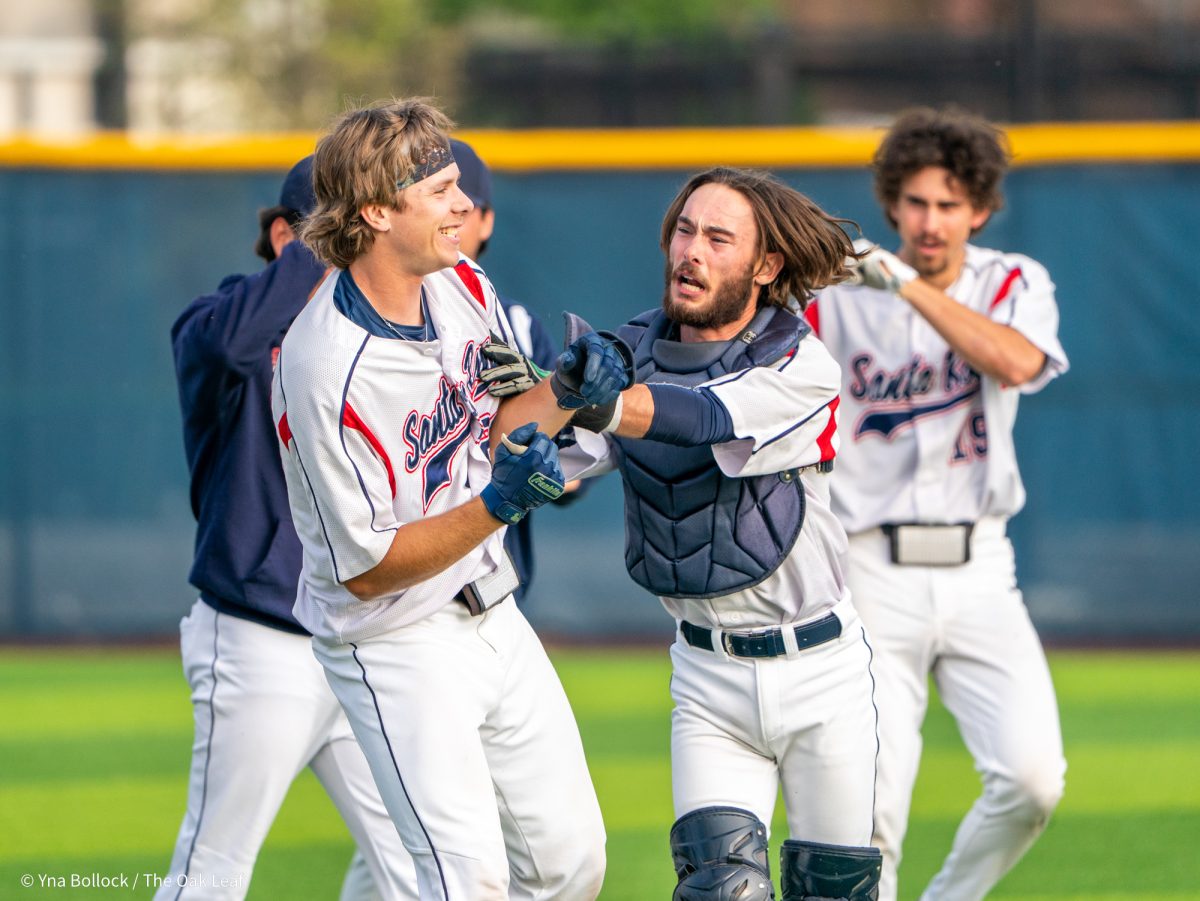Sophomore catcher Cameron Duran praises fellow sophomore and catcher Mason Cox after their walkoff win in the bottom of the eleventh against Sierra on Thursday, March 20, 2025 in Santa Rosa.