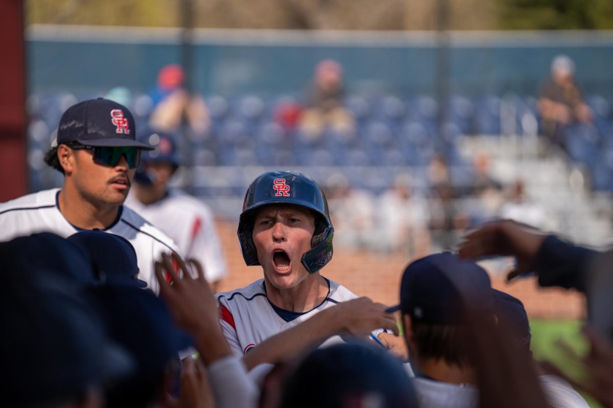 Santa Rosa Junior College shortstop Brett Neidlinger is fired up after being knocked in by right fielder Ayden Herrguth during the bottom of the fourth against San Joaquin Delta on Tuesday, March 11, 2025 in Santa Rosa.