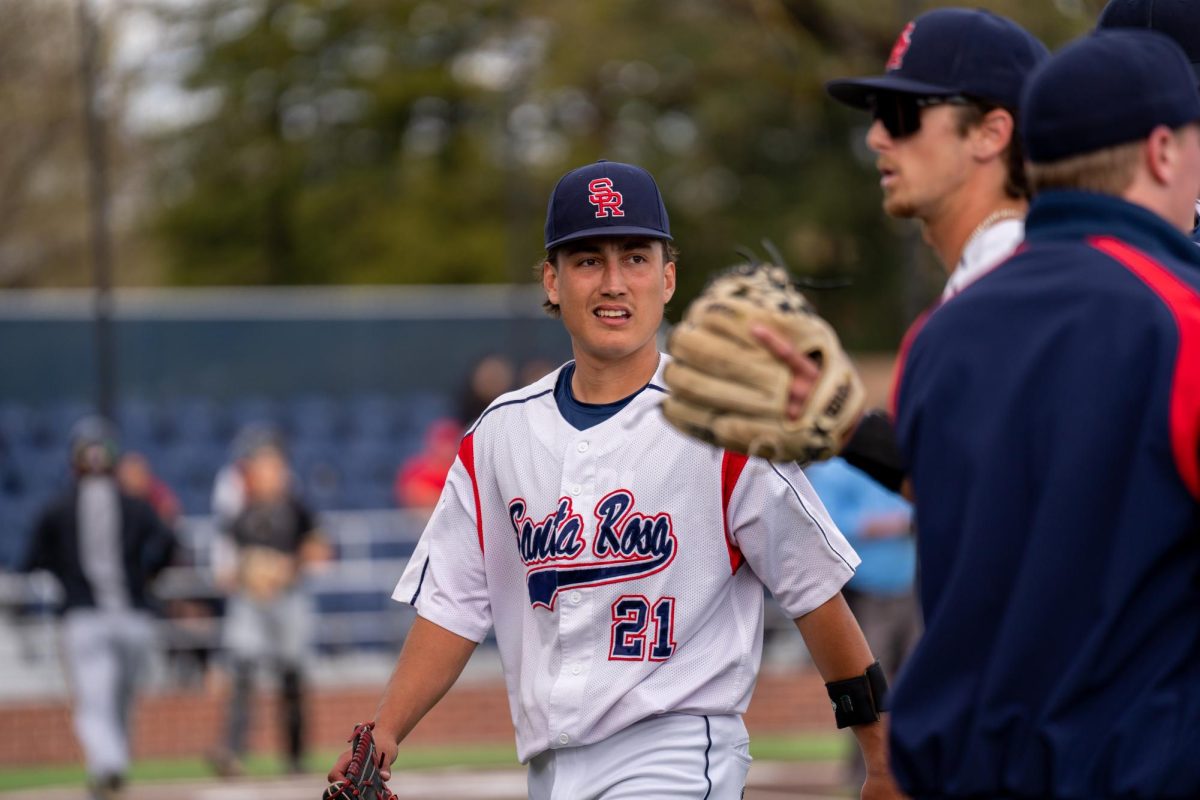 Santa Rosa Junior College pitcher Jordan Giacomini steadies himself as he walks off the mound after throwing an Immaculate Inning at the top of the fifth against San Joaquin Delta on Tuesday, March 11, 2025 in Santa Rosa.