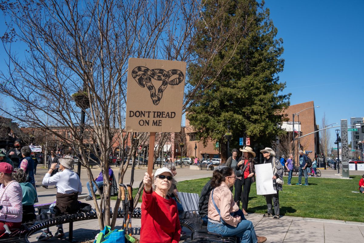 Sebastopol resident Lisa Reyes, 74, showcases a sign reading " Don't Tread On Me" while sitting at a bench during the International Women’s Day march in Old Courthouse Square on Saturday, March 8, 2025 in Santa Rosa.  