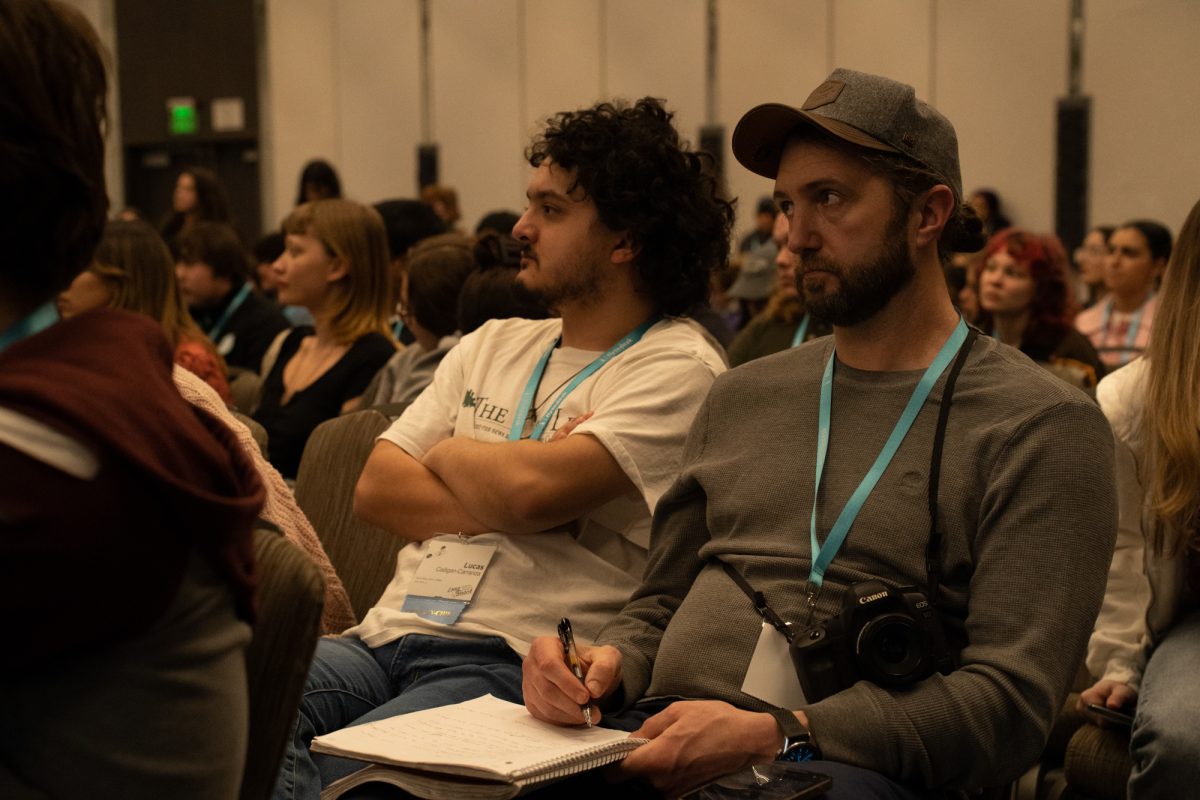 The Oak Leaf's co-editor in chief, Lucas Cadigan-Carranza and reporter, Martyn Lees takes in valuable information during at the LA Times' breaking news reporter Hannah Fry's key note speech during the ACP Spring National Media Conference on Thursday, March 6, 2025 in Long Beach, California.