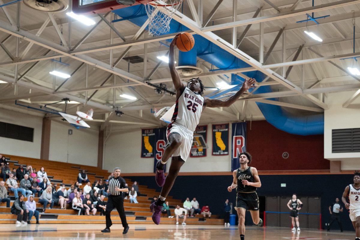 Santa Rosa guard Gavin Cook-Whisenton goes for an open layup against Yuba College at Haehl Pavilion on Saturday, March 1, 2025.