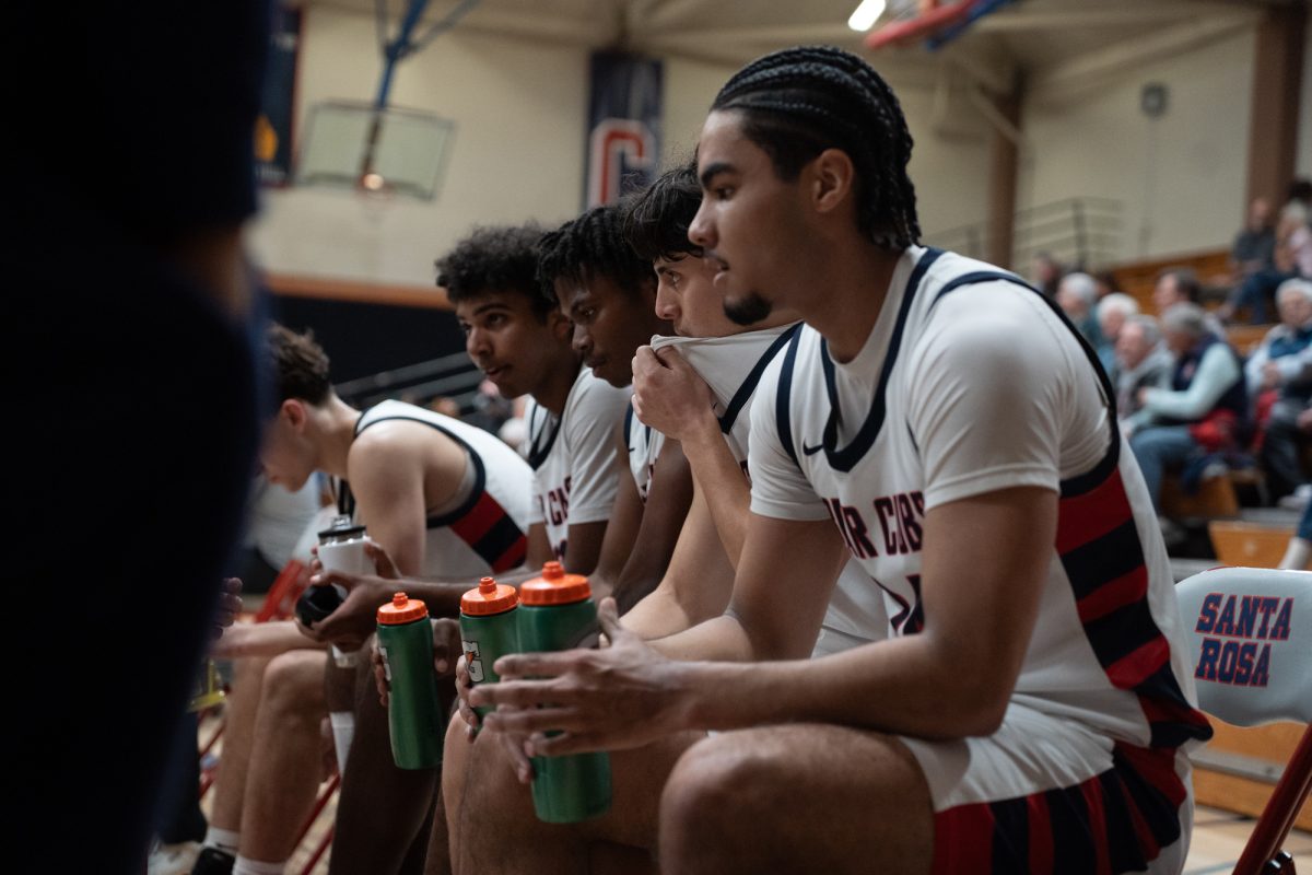 The Bear Cubs take a moment to rest during a timeout against Yuba College at Haehl Pavilion on Saturday, March 1, 2025.