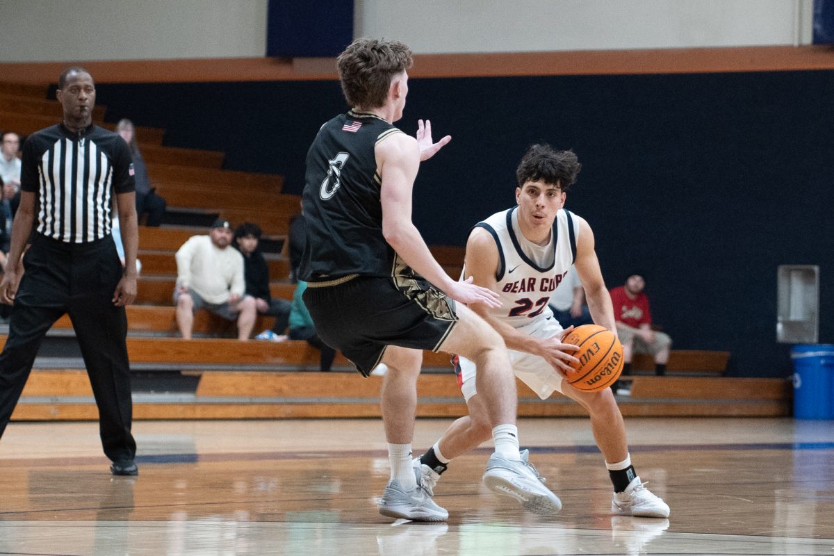 Santa Rosa guard Andrew Pengel looks for an opening against Yuba College at Haehl Pavilion on Saturday, March 1, 2025.