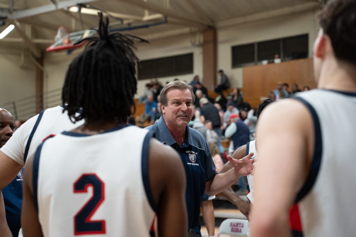 Bear Cubs head coach Craig McMillan coaches his team during a timeout against Yuba College at Haehl Pavilion on Saturday, March 1, 2025.