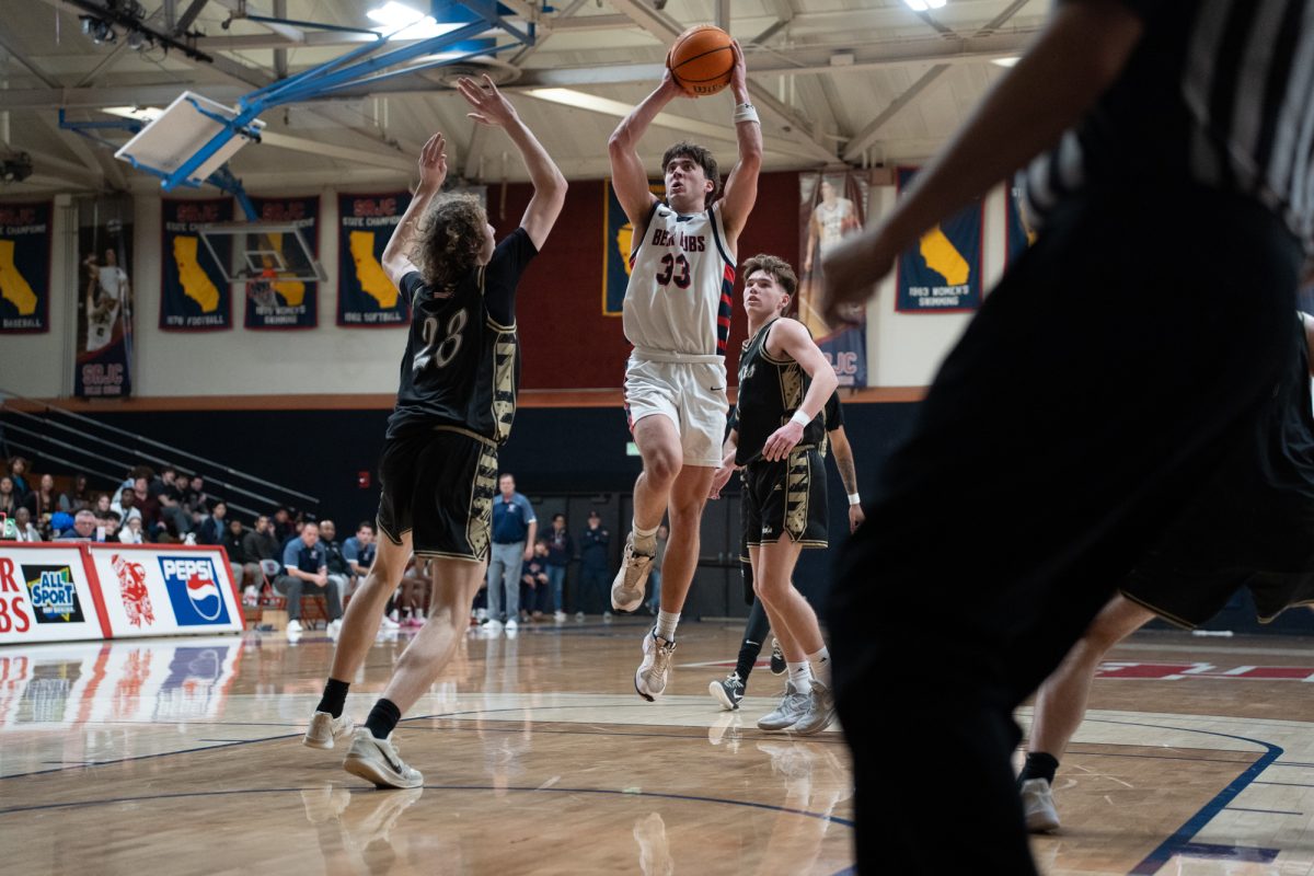 Bear Cubs forward Audon Forgus attempts a two-pointer against Yuba College at Haehl Pavilion on Saturday, March 1, 2025.