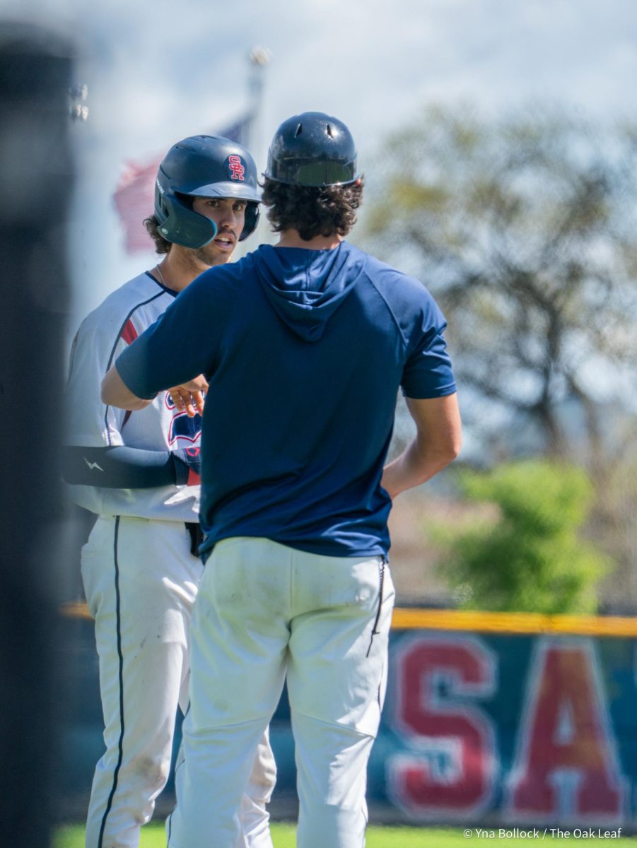 Freshman center fielder Cooper Wood reaches third after a single from Ayden Herguth in the bottom of the first against Diablo Valley College on Thursday, April 3, 2025 in Santa Rosa.