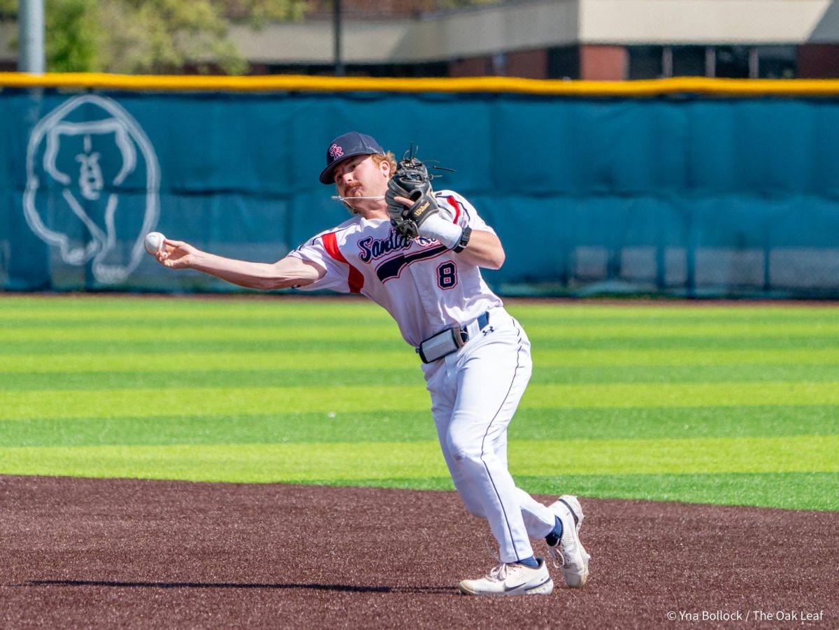 Sophomore second baseman Joe Brown snags a grounder to second from Diablo Valley third baseman Lorenzo Solares and throws to first baseman Josh Martin for the second out in the top of the third against Diablo Valley College on Thursday, April 3, 2025 in Santa Rosa.
