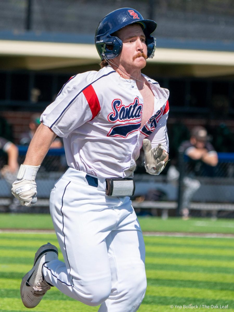 Sophomore second baseman Joe Brown runs to first in the bottom of the third against Diablo Valley College on Thursday, April 3, 2025 in Santa Rosa.