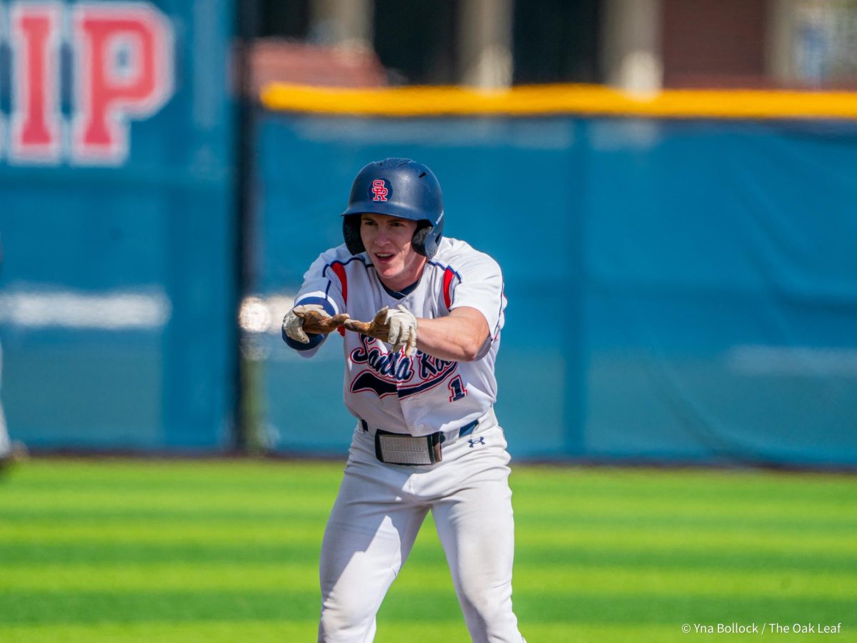 Freshman right fielder Ayden Herrguth hits a double to left field in the bottom of the fifth in the game against Diablo Valley College on Thursday, April 3, 2025 in Santa Rosa.