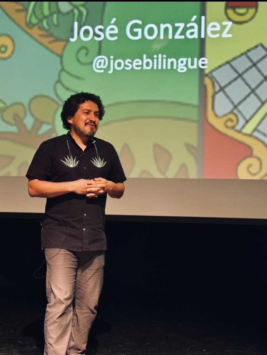 José González, founder of Latino Outdoors, speaks during the DeDe and David Del Monte Lecture Series at Santa Rosa Junior College on April 14, 2025.