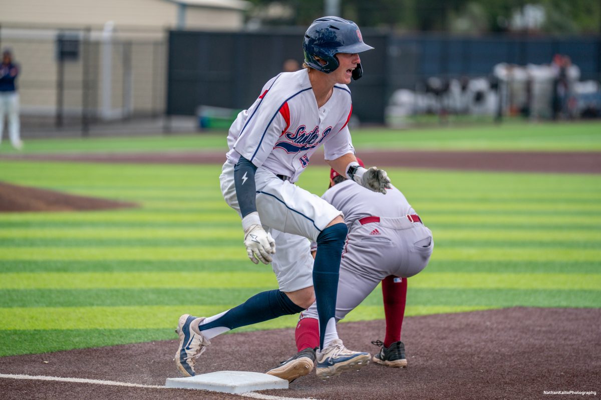 Santa Rosa Junior College's freshman shortstop Brett Neidlinger beats out a groundball against Sac City College on Tuesday, April 15, 2025 in Santa Rosa.
