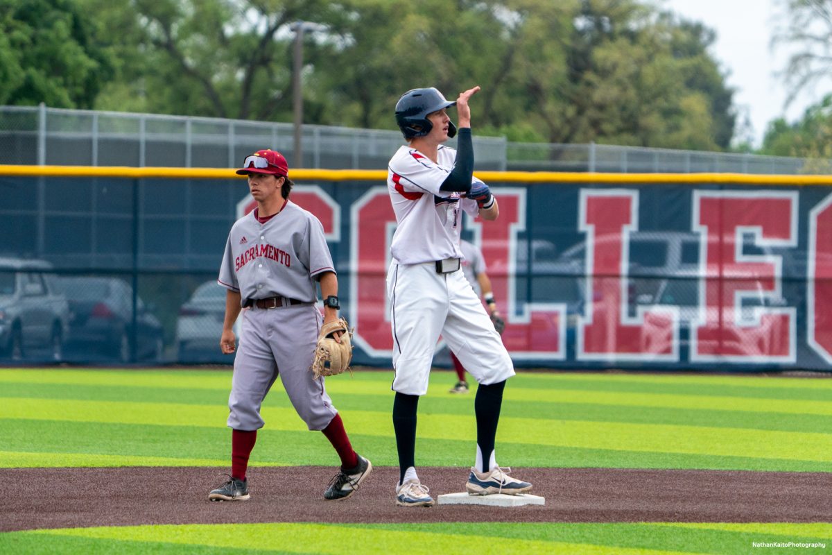 Santa Rosa Junior College's freshman shortstop Brett Neidlinger celebrates a double against Sac City College on Tuesday, April 15, 2025 in Santa Rosa.