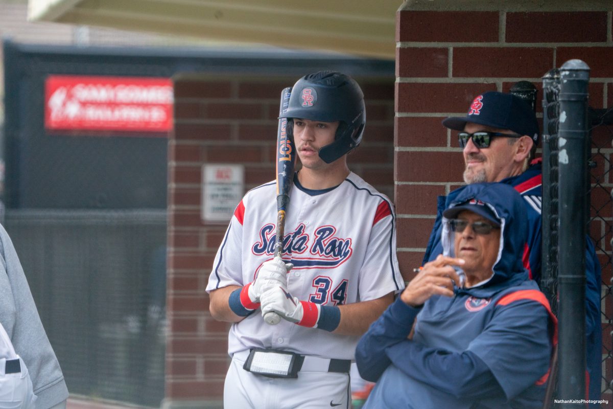 Santa Rosa Junior College's freshman designated hitter J.T. Summers watches on as he prepares for an at-bat against Sac City College on Tuesday, April 15, 2025 in Santa Rosa.