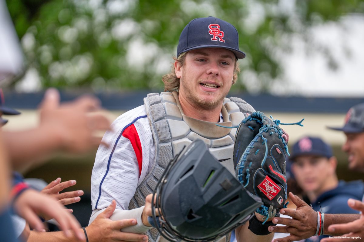 Bear Cubs' catcher Mason Cox enters the field from the dugout as his name is read out before the game against Sac City College on Tuesday, April 15, 2025 in Santa Rosa.