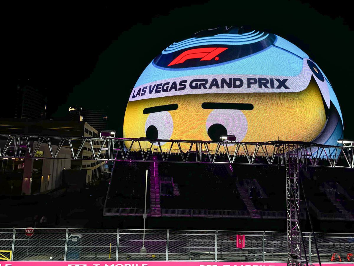 The Las Vegas Sphere, adorned with an F1 helmet, peers down onto the Strip at the Grand Prix qualifying event on Nov. 28. 