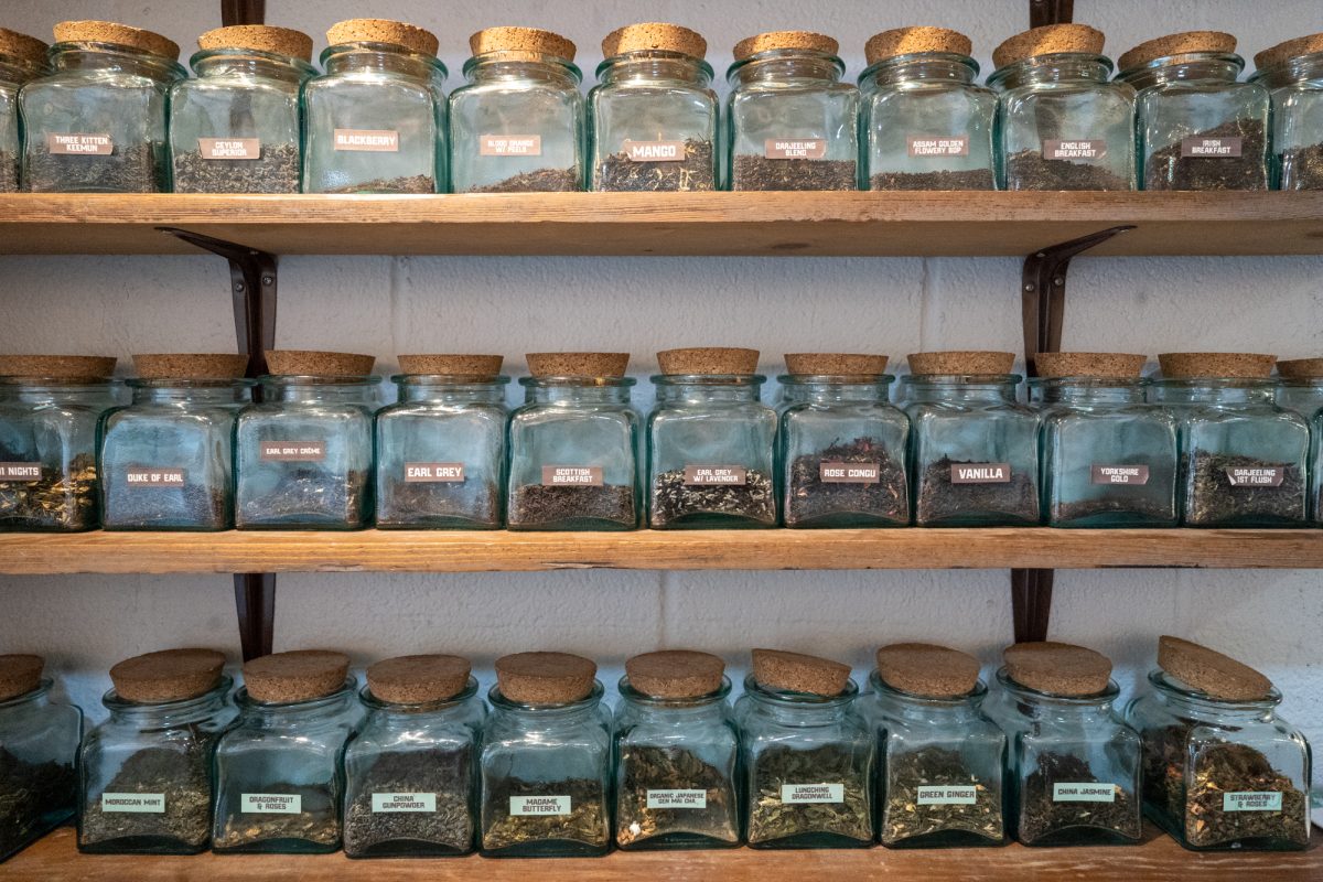 An assortment of tea blends fill a wall inside of Petaluma Tea & Coffee on 212 2nd St.